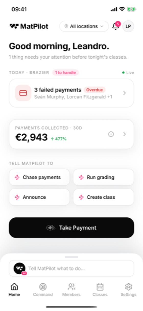 MatPilot home — the morning briefing with payments and grading